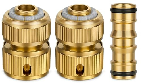 Raheem Brass Hose Connector Set | 1/2 Inch Quick Connect Fittings, Double Male Pipe Coupler, for Garden Irrigation, Hosepipe, Car Washing