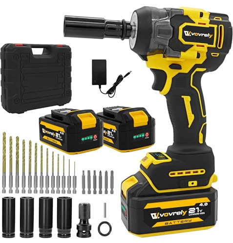 VOVRELY Cordless Impact Wrench 480 Ft-lbs(650N.m) High Torque 1/2 Inch, 3300RPM Brushless Electric Impact Gun, 2 * 4.0Ah Battery 4 Sockets 19 Drill Bits, 3 In 1 Impact Wrench for Car Home DIY