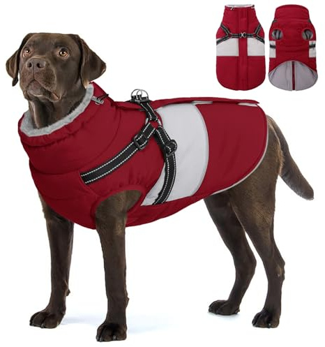 AOFITEE Hundemantel Winter Grosse Hunde, Warme Hundejacke Wintermantel mit Geschirr, Wasserdicht Hunde Winterjacke Warmer Hundemäntel Fleece Winterweste für Labrador, Windhund, Golden Retriever, 2XL