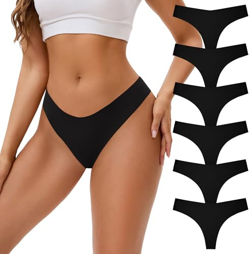 INNERSY String Tanga Damen Schwarz Nahtlos Seamless String Unsichtbare Unterwäsche Thong 6 Pack (L, 6 Schwarz)