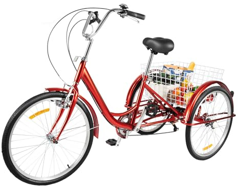 jiumxliu Dreirad für Erwachsene 24 Zoll 3 Rad Fahrrad 6 Gänge Erwachsene Dreirad mit Einkaufskorb Tricycle für Adults Rot Liegerad Trike für Städte Strände Radwege und Alle Arten Von Straßen