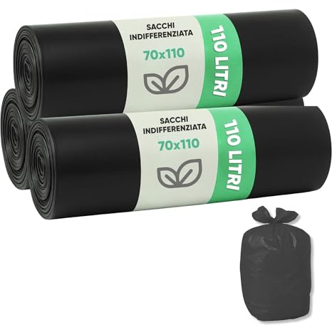 ecodrinks - 50 Buste Nere Spazzatura per Indifferenziata 70x110 - Resistenti, Antigoccia e con Grammatura Media - Multipack per Uso Domestico, Ufficio e Attività Commerciali - Nero, 70x110