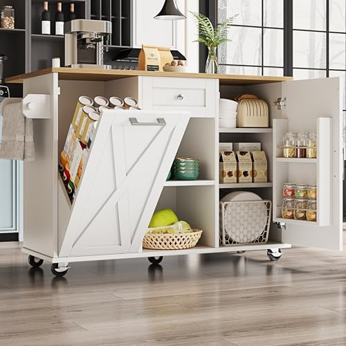 Soweiz Isla de cocina, armario de cocina para cubo de basura, armario buffet, mesa de comedor multifuncional con espacio de almacenamiento, carrito comedor con estantes para aperitivos y armarios