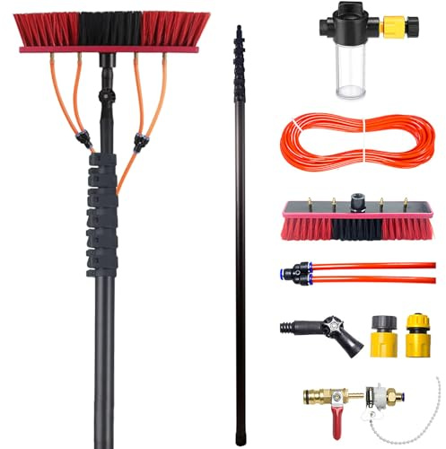 YFSMBD Teleskop Waschbürste mit Teleskopstiel 15m - Kohlefaser Teleskopstangen Reinigung für Fenster, Terrassendach, Solaranlage - inkl. Bürste, Schlauch, Seifenspender, 35cm Bürste
