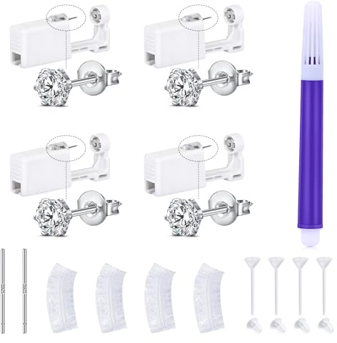 LAURITAMI Pistola Orecchini Usa e Getta,4 Pezzi Set Unisex per Forare i lobi delle Orecchie con Strumenti, Pistola Piercing Set per Piercing da Usare a Casa con Orecchini a Bottone CZ da 5mm