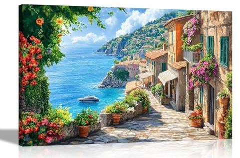 Artley Prints - Mediterranean Seascape View Oil Painting Re-Print Landscape Canvas Prints Wall Art Pictures Living Room Decor 76 x 50cm (30 x 20 inches)