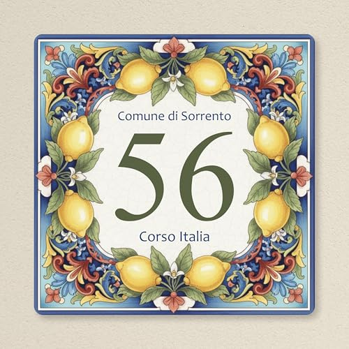 Pubblimania NUMERO CIVICO personalizzato Stile Maiolica modello Sorrento in alluminio rinforzato stampato (limoni old style)