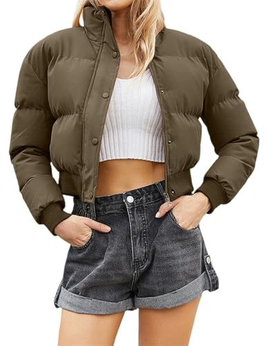 Duohropke Short Winter Jacket Women's Cropped Down Jacket Warm Puffer Jacket Crop Transition Jacket with Zip Stand-Up Collar Winter Coat Lined Thick Winter Parka Softshell Jacket, Green, S