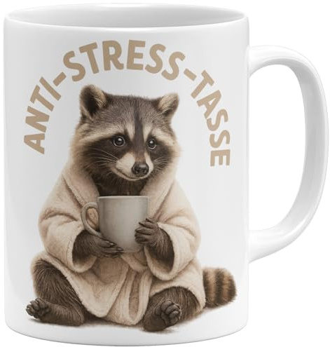 OM3® Waschbär Anti-Stress Kaffee-Tasse mit Spruch - Lustige Raccoon Keramiktasse mit Bademantel - Keramik Becher - 325ml - Beidseitig Bedruckt - Weiss