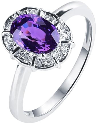 Homxi Trauring Damenring 14 Karat Weißgold 585, Oval mit Lila Saphir 1,53 Karat und Diamant, Damen Verlobungsring Silber Lila, Gr. 58 (18.5)