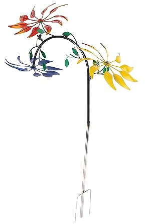 HWGING Moulin à Vent Floral Multicolore avec 3 Fleurs, Feuilles Vertes, Grand Moulin à Vent Accrocheur pour Porches Extérieurs