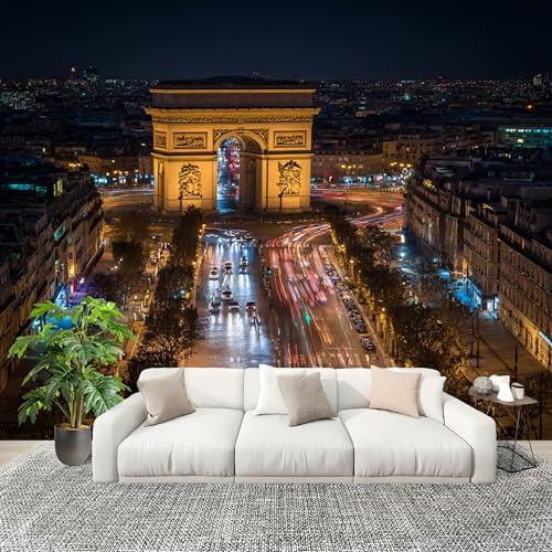 Générique 3D Panoramique papier peint Photo Paris Arc De Triomphe Vue De Nuit Papier Peint Intissé Amovible 200x140 cm Brun Décoration Fresque Murale Pour Salon Chambre Enfant Chambre