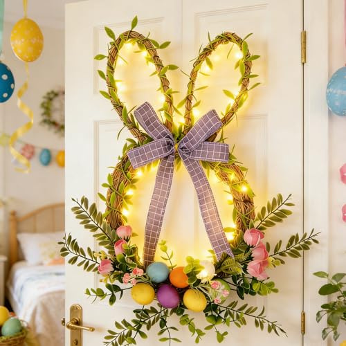 Türkranz Ostern mit LED Licht,40cm Hase Osterkranz Haustür Beleuchtet Osterdeko Türkranz Frühling mit Blumen Ostereier Ostern Kranz mit Lichterketten Frühlingsdeko Blumenkranz für Wand Fenster (A)