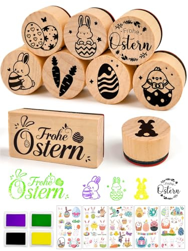 Ostergeschenke mit 9 verschiedenen Stempel Ostern, 4 bunten Stempelkissen & 5 Ostertattoos, Stempel Frohe Ostern für Osterkarte Scrapbooking Bullet Journal Osterbasteln