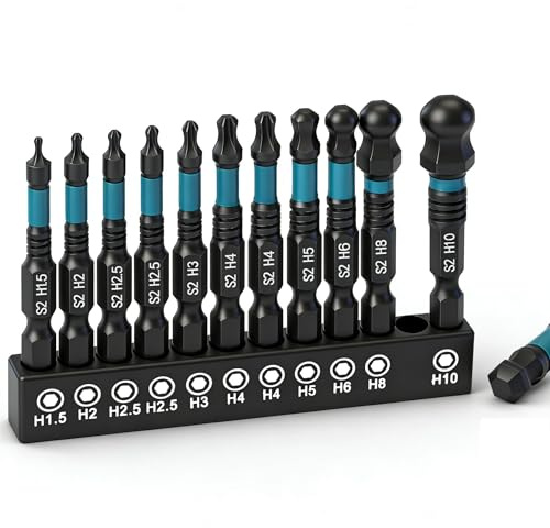 11 cacciaviti esagonali a testa sferica, 50 mm, set di punte per viti resistenti agli urti (H1,5-H10) 1/4, set di punte magnetiche in acciaio S2