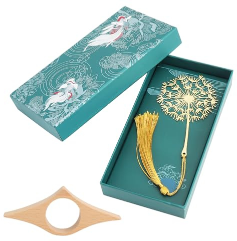 Lesezeichen personalisiert aus Metall mit Dandelion Design & Buchseitenhalter aus Buchenholz - Edel & Schöne Geschenkidee für Bücherliebhaber, Ideal für Besondere Anlässe und Sammler