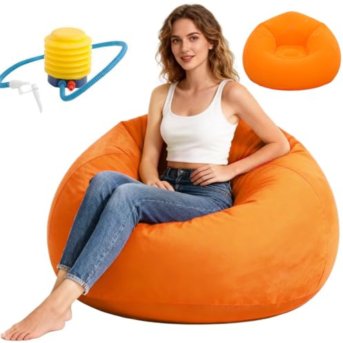 Wapasezyar Aufblasbarer Sitzsack, Sitzsack Indoor Beanbag 105 x 105 x 60 cm, Luftsofa Lazy ohne Sitzsackfüllung für Wohnzimmer Liegestuhl Schlafzimmer, Aufblasbares Sessel für Erwachsene (Orange)