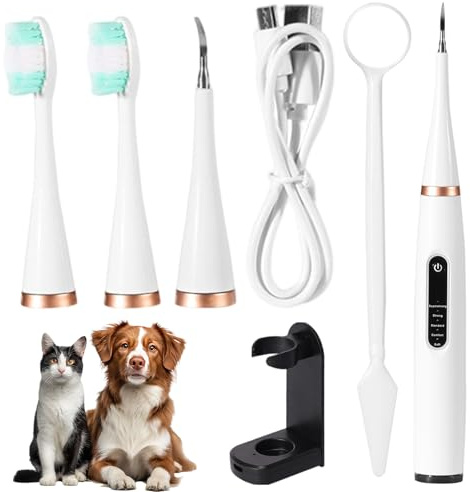 Zahnsteinentferner für Hunde & Zahnreiniger für Katzen mit Ultraschall – 5 Modi, IPX6 Wasserdicht, mit Zwischenraum-Aufsätzen, USB-Aufladung und Geräuscharm (Elfenbeinweiß)
