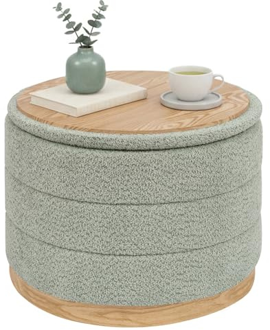 Bonlife Sittpall med förvaringsutrymme och bordsskiva, Rund klappstol fotstöd sittbänk för vardagsrum sovrum hall, Chenille, trämönster-konstläder bas, Grön, 58 x 58 x 44 cm