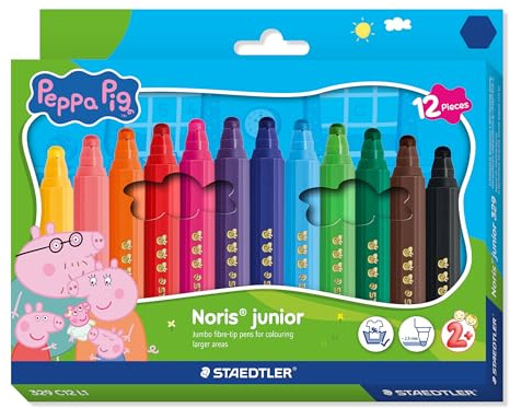 STAEDTLER Noris junior Fasermaler Peppa Wutz 12er Set - Filzstifte mit extra dicker Spitze für flächiges Ausmalen - Auswaschbare Kinder Filzstifte im ergonomischen Format - Malstifte für Kleinkinder