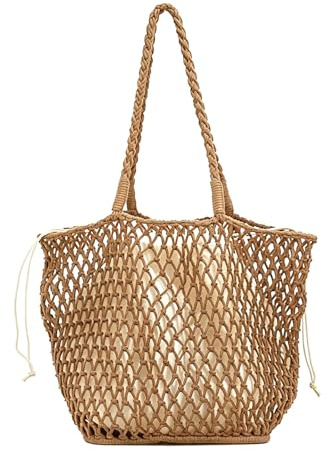KeAiDMon Gehäkelte Strandtasche für Damen, Boho, gewebte Tragetasche, Sommer, Netzstoff, Strandtasche, Reisetasche, Umhängetasche, Stroh, Handtasche für Geschäfte