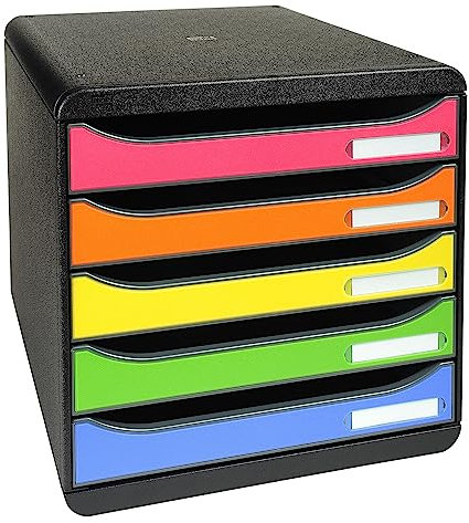 Exacompta 309798D Premium Ablagebox mit 5 Schubladen für DIN A4+ Dokumente. Stapelbare Schubladenbox mit hoher Kapazität für mehr Platz auf dem Schreibtisch Big Box Iderama Schwarz|Bunt