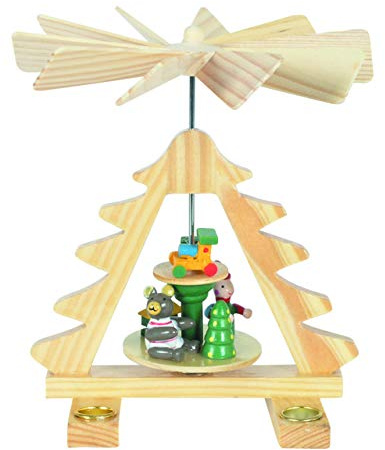 Kleine Weihnachts-Pyramide Tannenbaum, drehend, H: 16 cm, Natur, handbemalt im Kunsthandwerks-Stil