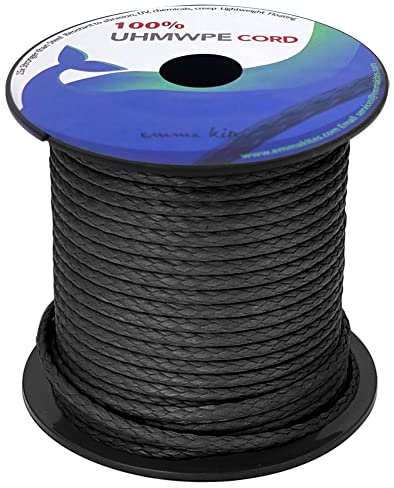 emma kites 100% UHMWPE Braided Cord Heavy Duty Abrasion Resist. Low Stretch Utility Cord for Kites Surfing Whoopie Rigging Spearfishing Kayak Survival Repair, Black 1/8(Dia.) 2200Lb 100Ft Spool