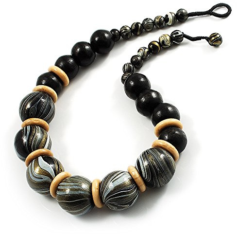 Avalaya Collier de perles en bois fusion de couleur (noir, or et blanc) – 46 cm de long, taille unique, Bois, Pas de gemme