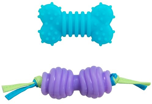 Petstages Mini Orka Chew Pair - Juguetes para morder para Perros - Hueso y mancuerna - Azul Real - Pack de 2