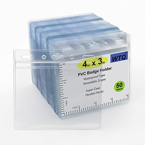 WTQ 50 Pack Waterproof ID Badge Holders (Fits 4x3 Inserts), Clear Vinyl Sealable, Horizontal Hanging Badge Sleeve, Durable Plastic Name Tag Holder