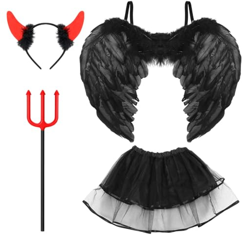 Bluelves Ali d'angelo Nero, Aureola Angelo, Demone, Costume da Bambino, Costume da Diavolo, Costume da Festa per Halloween Carnevale Masquerade Cosplay