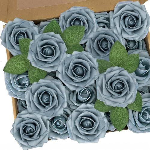 N&T NIETING Künstliche Blumen Rosen, 25 Stück Deko Blumen, Staubiges Blau | Fake Rosen mit Stielen,Langlebig Schaumrosen,Vielseitig Einsetzbar Als Tischdeko, Dauerhafte Heimdekoration