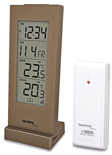 techno line WS 9767 Funk Temperaturstation mit Außensensor und Funkuhr | Innen- & Außentemperatur | DCF-Funkuhr | inkl. Außensensor | MIN/MAX-Werte | Temperaturtrend | Alarm mit Snooze | Champagner