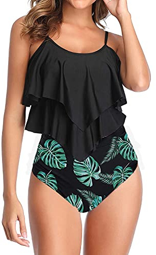 OAMENXI Swimsuit for Women Top Ruffled High Waist Swimwear Two Pieces Bathing Suits Bikini Sets Swimming Costume (Topblackleaf, M)