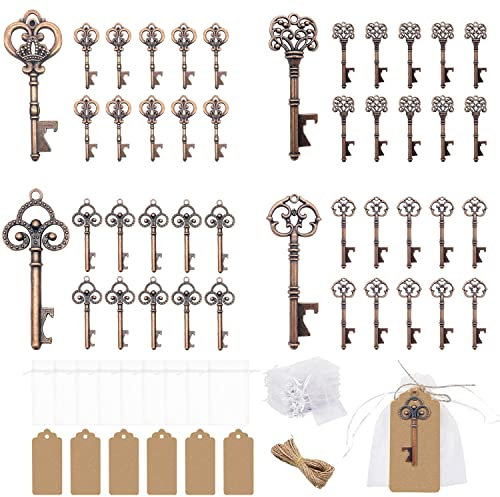 GEERDAN 40 Stücke Schlüssel Flaschenöffner, Geschenkanhänger, Durchsichtige Tasche, Partyzubehör, Hochzeit Gefälligkeiten antike rustikale Party Dekoration (Bronze)