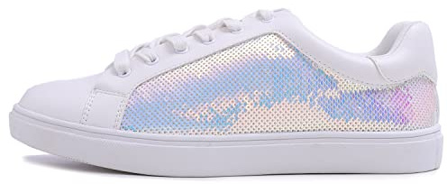 Feversole Women's Fashion Sparkle Sequin Lace Up,Damen Sneaker Atmungsaktiv Turnschuhe Leicht Laufschuhe Sportschuhe Freizeitschuhe Paillette weiß 40 EU