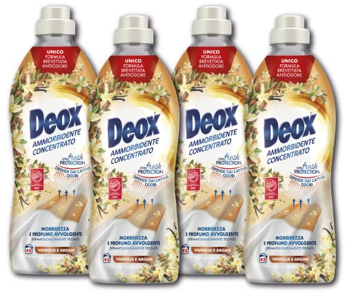 Deox - Weichspüler Waschmaschinen-Konzentrat, 180 Waschladungen, Vanille und Argan, weiche und duftende Wäsche mit Fresh Protection Technologie, 900 ml x 4 Packungen