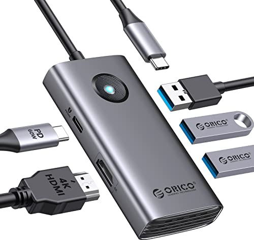 ORICO - Hub USB C, estación de acoplamiento USB C 5 en 1 con HDMI 4K, entrega de energía de 60 W, USB 3.0 de 5 Gbps y 2 puertos de datos USB 2.0 para MacBook Air, MacBook Pro, XP y más (gris)