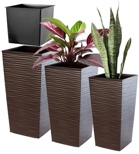 KADAX Maceteros Altos para Plantas de Interior y Exterior, Macetas de Plástico, Jardineras Altas (Texturizado, Marrón, 46.5 cm, 57.5 cm y 68 cm)