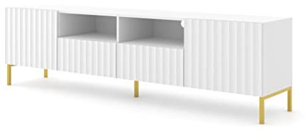 TV-Schrank WAVE 200x42x56 cm 2D2S mit gefräste dekorierte MDF-Fronten auf Metallbeinen Lowboard, TV Tisch, Sideboard, Tischplatte, TV Kommode mit 2 Türen, 2 Schubladen und 2 Regalen (Weiß Matt)