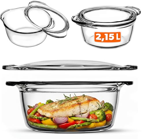 KADAX Auflaufform mit Deckel 2,15L – runde Glasauflaufform, feuerfest & robust – ideal für Aufläufe, Fleisch & Gemüse