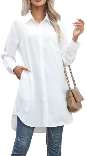jinghuiyue Women's Casual Button Down Shirts Long Sleeve Oversize Blouse Loose Shirt Dress with Side Pockets(White-L)