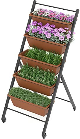 RELAX4LIFE Vertikalbeet mit 5 Blumenkästen, Vertikales Hochbeet mit 5 Etagen, Kräuterbeet mit Feststellbaren Rädern & Metallrahmen, Mobile Pflanztreppe für Balkon Garten (Braun, 74 x 57 x 127 cm)