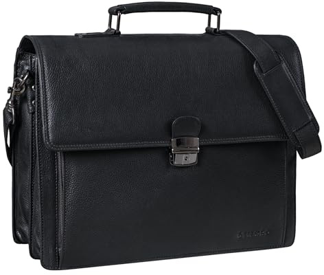 STILORD Stanley Aktentasche Herren Leder mit Schloss für 17 Zoll Laptop Business Tasche Echtleder Vintage Laptoptasche Groß Umhängetasche XL mit Trolley Halterung Farbe:schwarz plain