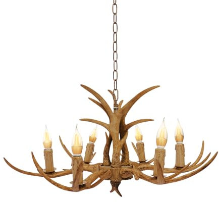 GramStudio Retro Geweihlampe, Harz Geweih Pendellampe, Höhenverstellbar 15.75-35.4 in, 6 x E14 Glühbirnen, Braun Kronleuchter für Esszimmer Wohnzimmer Cafe Küche Bar