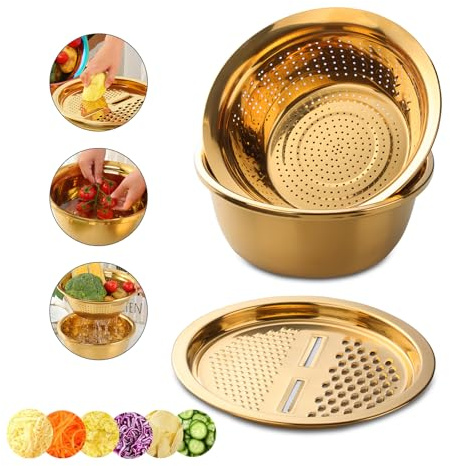 DOCBLACK Colander, 3Pcs Stainless Steel Kitchen Tool 3 in 1 Drain Basket Fruit and Vegetable Cutter Strainer Bowl Set Drain Pot Basket Grater for Fruits Vegetables Rice Washing Mixing - Gold