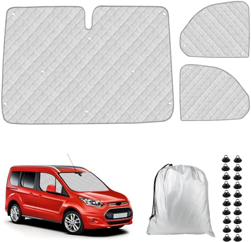 Sonnenschutz Auto Frontscheibe Kompatibel mit Ford Transit Connect 2012-2021, 3PCS Sonnenschutz Windschutzscheiben Schutz Set, Internes Thermomatte mit Aufbewahrungstasche, Faltbar Sonnenblende