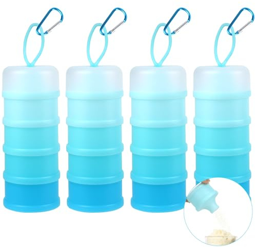 Boocalny 4 Pack Proteinpulverbehälter, Formelspender für unterwegs, 4 stapelbare Proteinpulverspender mit Trichtern, tragbarer Schlüsselanhänger, Proteinpulverbehälter für Fitness-Reisen (Blau)