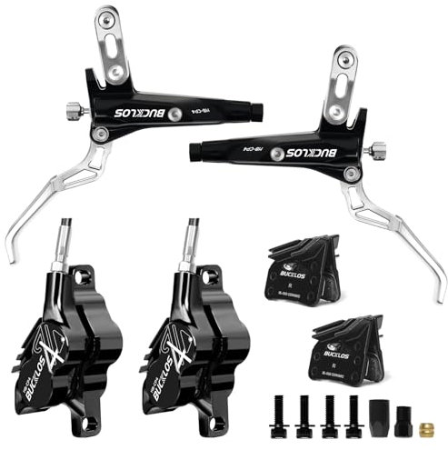 BUCKLOS MTB Hydraulic Disc Brake Set 4 Pistons Front 850mm and Rear 1550mm Hydraulic Brakes with Aluminum Alloy Lever with Caliper Ceramic Brake Pad Fit Mountain Bike,Ebike,Fat Bike HB-CP4 (Pre-Bled)